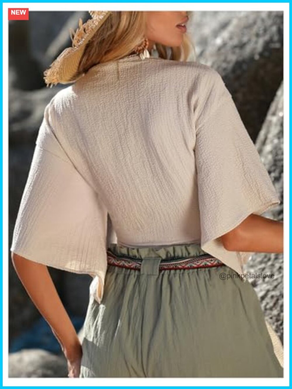 Wrap Knot Front Blouse Deep V Neck Flare Half Sleeve Cropped Boho Top - Picture 2 of 5